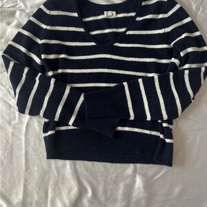 Aerie Navy and White Striped V-Neck Sweater